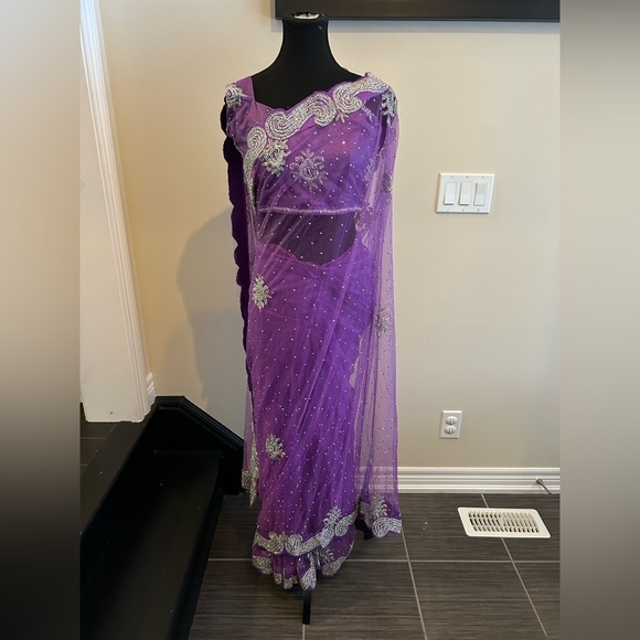 Other - Purple Embellished Saree with Matching Blouse